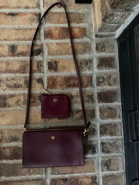 Tory Burch Burgundy Pebbled Leather Crossbody with Zip Wallet